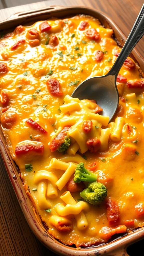 A cheesy casserole with pasta and vegetables, golden and bubbling, served in a rustic dish.